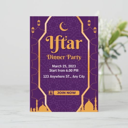 Uitnodiging Paarse moderne Ramadan Iftar Party (Staand voorkant)