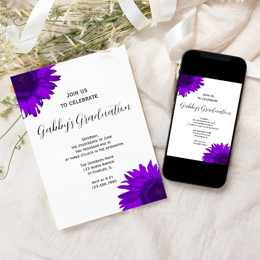 Uitnodiging Paarse Pop Art Flower Graduation Party