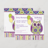 Uitnodiging Paarse Power Birthday Owl Party (Voorkant / Achterkant)