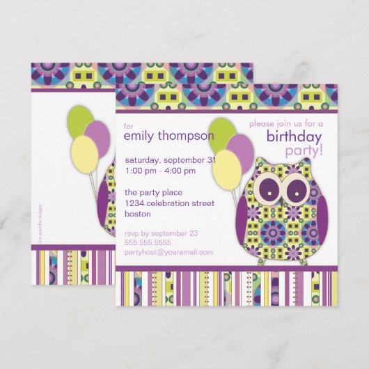 Uitnodiging Paarse Power Birthday Owl Party (Voorkant / Achterkant)