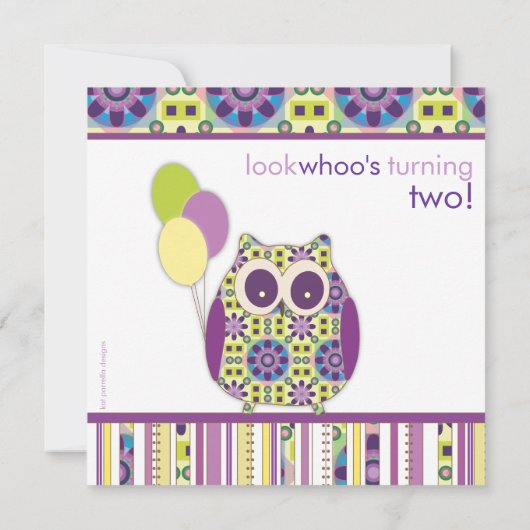 Uitnodiging Paarse Power Birthday Owl Party (Achterkant)