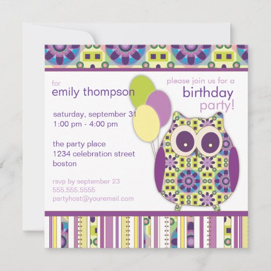 Uitnodiging Paarse Power Birthday Owl Party (Voorkant)