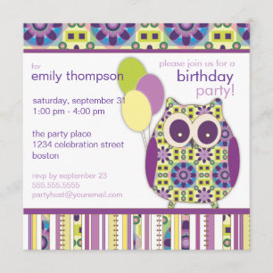 Uitnodiging Paarse Power Birthday Owl Party