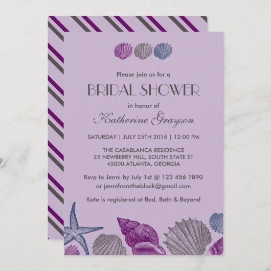 Uitnodiging Paarse Schelpen voor Strandbruiloft (Voorkant / Achterkant)