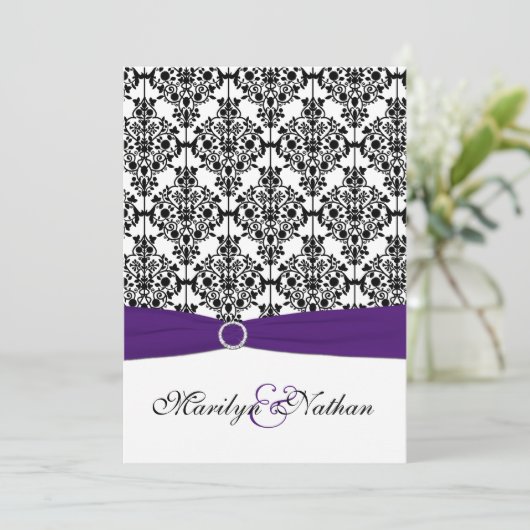 Uitnodiging Paarse, witte en zwarte Damask II (Staand voorkant)