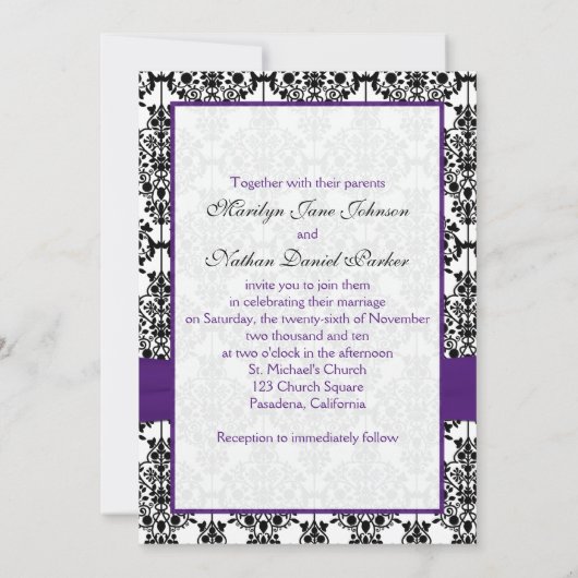 Uitnodiging Paarse, witte en zwarte Damask II (Achterkant)