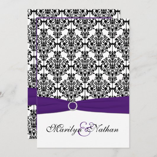Uitnodiging Paarse, witte en zwarte Damask II (Voorkant / Achterkant)