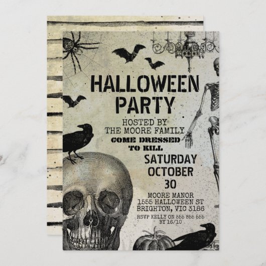 Uitnodiging  partij Scull Crow Bat Halloween (Voorkant / Achterkant)