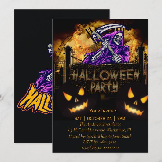 Uitnodiging partij voor halloween Party skelet (Voorkant / Achterkant)