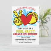 Uitnodiging Peace Love Softbal Zwembad Feest (Staand voorkant)