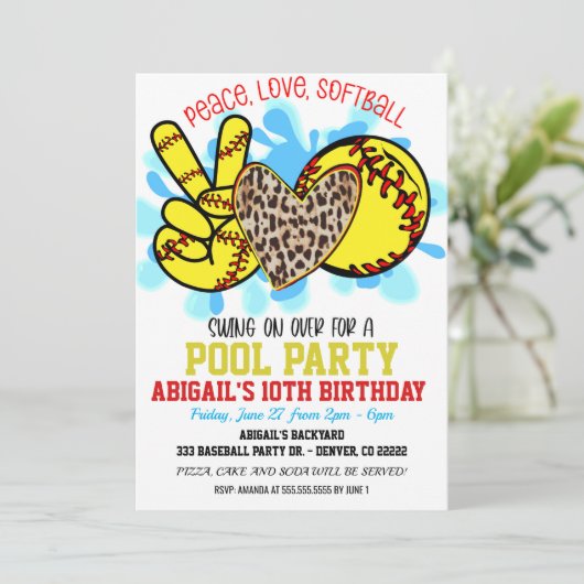 Uitnodiging Peace Love Softball Pool Party (Staand voorkant)