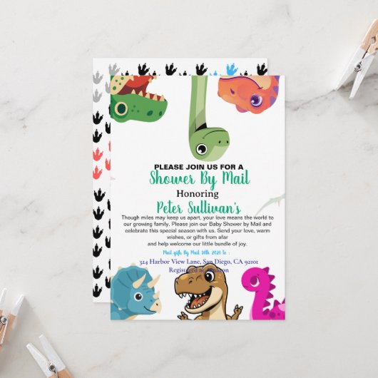 Uitnodiging per post Cute Dinosaur Baby Shower (Voorkant / Achterkant in situ)