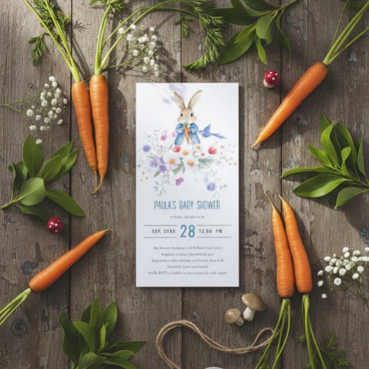 Uitnodiging Peter Rabbit Blue Boy Bloemen Baby Sho
