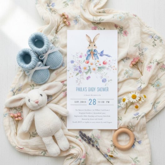 Uitnodiging Peter Rabbit Blue Boy Bloemen Baby Sho
