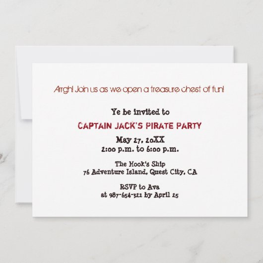 Uitnodiging Pirate Treasure Verjaardagsfeestje Jon (Achterkant)