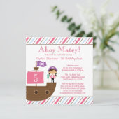 Uitnodiging piratenpartij voor roze meisjes (Staand voorkant)