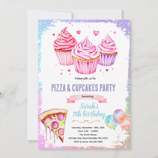 Uitnodiging pizza cupcake meisje thema (Voorkant)