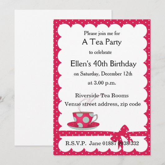 Uitnodiging Polka Dot Tea Party (Voorkant / Achterkant)