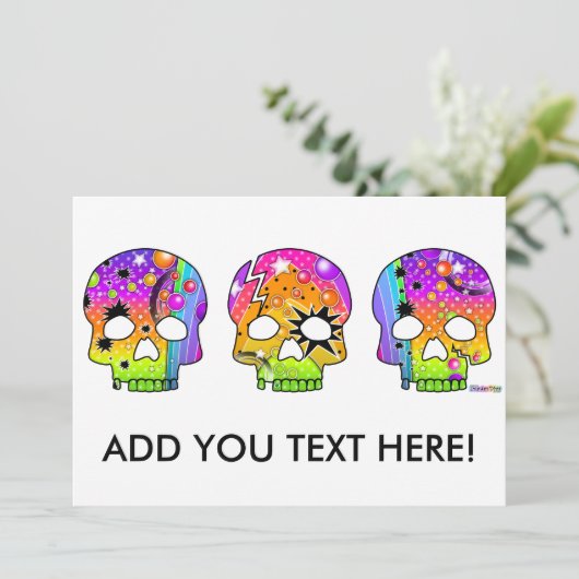 Uitnodiging - POP ART SKULLS (Staand voorkant)