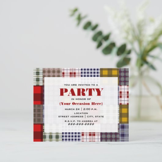 Uitnodiging preppy Patchwork Pset (Staand voorkant)