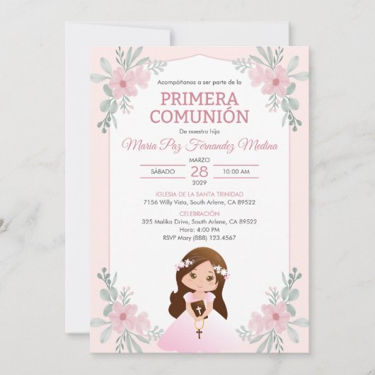 Uitnodiging Primera Communie Meisje Eerste Communi (Voorkant)