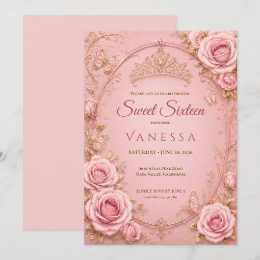 Uitnodiging Princess Pink sweet 16 (Voorkant / Achterkant)