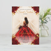 Uitnodiging Princess Red gold sweet 16 (Staand voorkant)