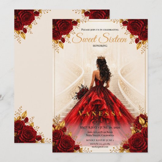 Uitnodiging Princess Red gold sweet 16 (Voorkant / Achterkant)