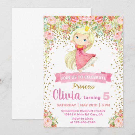 Uitnodiging prinses meisje verjaardagsfeest. (Voorkant / Achterkant)