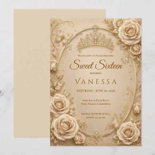 Uitnodiging prinses vlinders sweet 16 (Voorkant / Achterkant)
