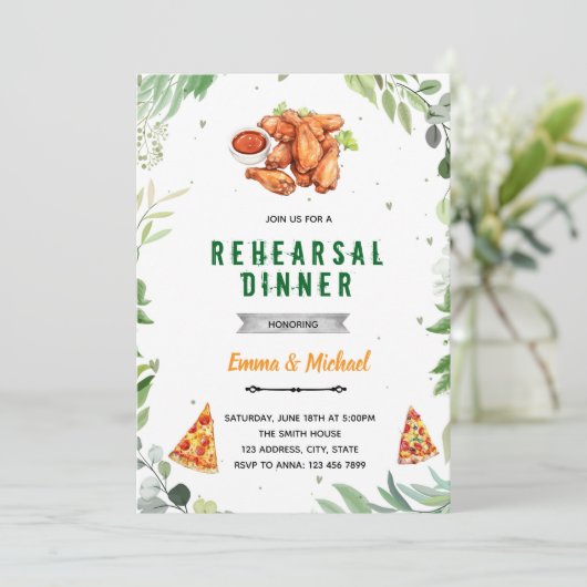 Uitnodiging proefhuwelijksdiner pizza en wings (Staand voorkant)