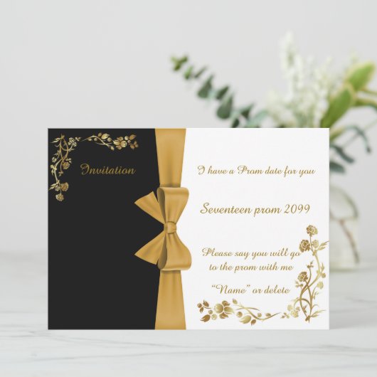 Uitnodiging Prom, zeventien Prom, elegant, goudlin (Staand voorkant)