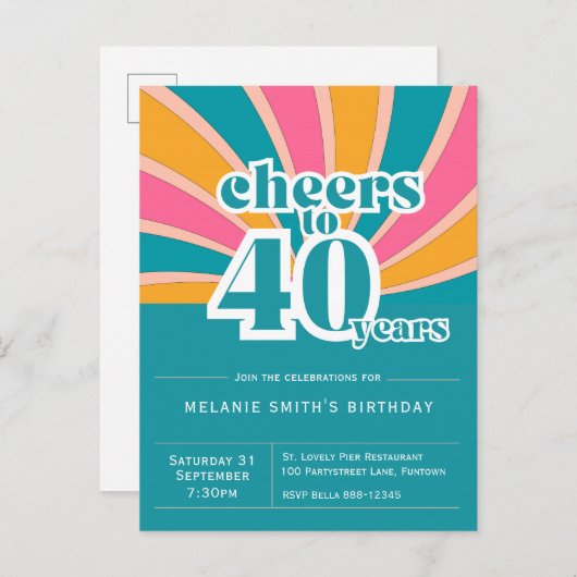 Uitnodiging "Proost 40 jaar", retro 40e bday (Voorkant / Achterkant)