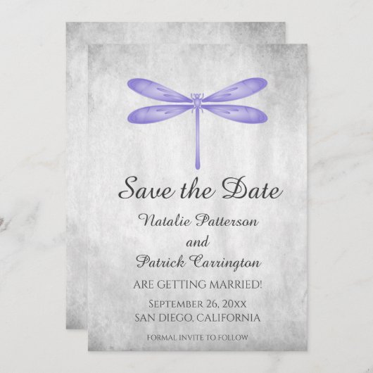 Uitnodiging Purple Dragonfly Save the Date (Voorkant / Achterkant)