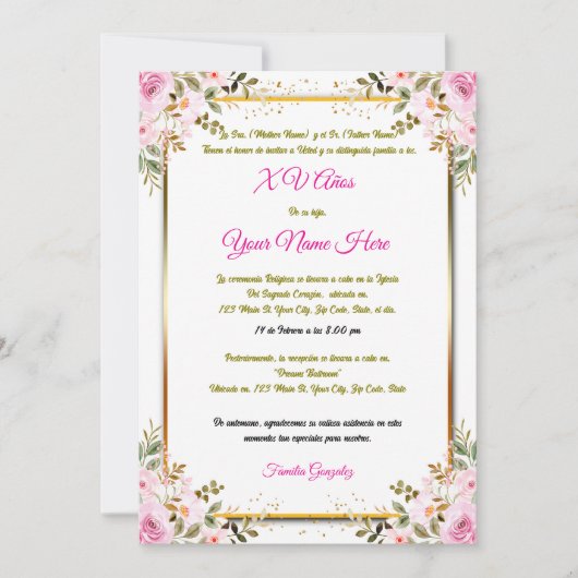 Uitnodiging Quinceañera (Voorkant)