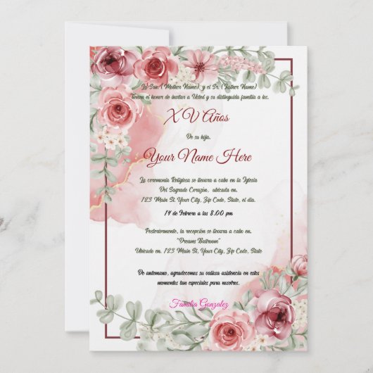 Uitnodiging Quinceañera (Voorkant)