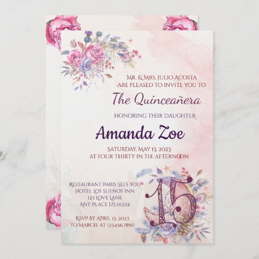 Uitnodiging Quinceañera (Voorkant / Achterkant)