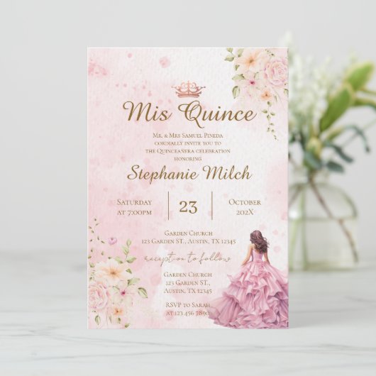 Uitnodiging Quinceanera roze bloem (Staand voorkant)