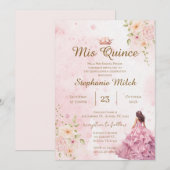 Uitnodiging Quinceanera roze bloem (Voorkant / Achterkant)