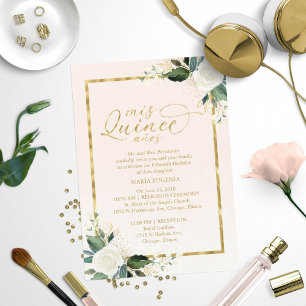 Uitnodiging Quinceanera Roze Gouden Folie Bloemen