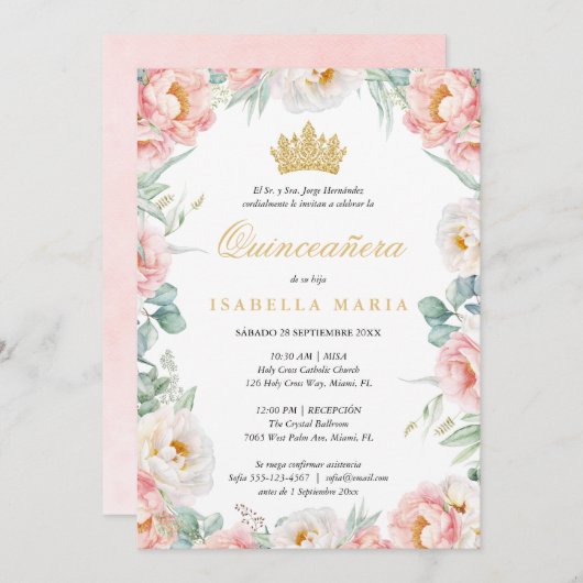 Uitnodiging Quinceañera Roze Para Editar En Españo (Voorkant / Achterkant)