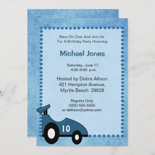 Uitnodiging racecar Birthday (Voorkant / Achterkant)