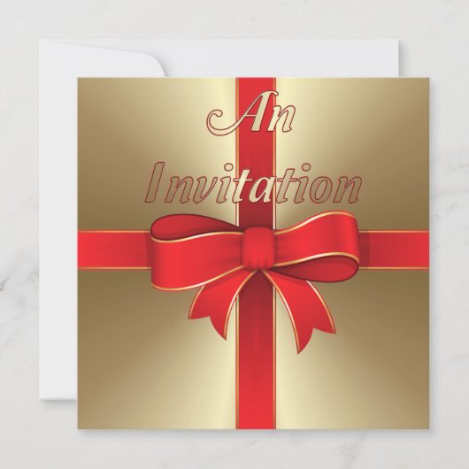 Uitnodiging - Red Bow & Ribbon op Gold (Voorkant)