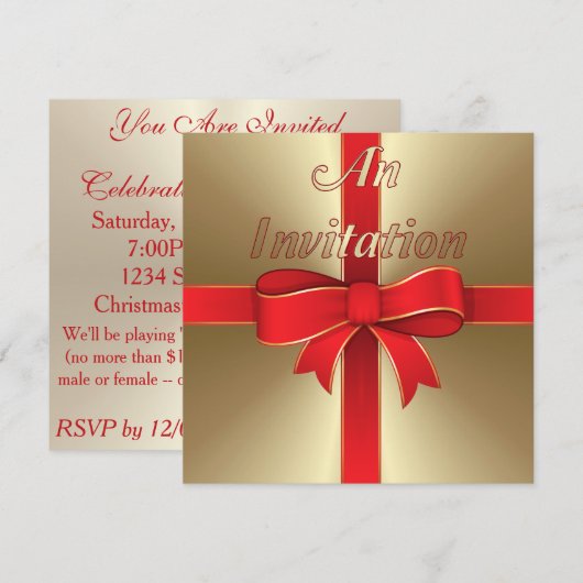 Uitnodiging - Red Bow & Ribbon op Gold (Voorkant / Achterkant)