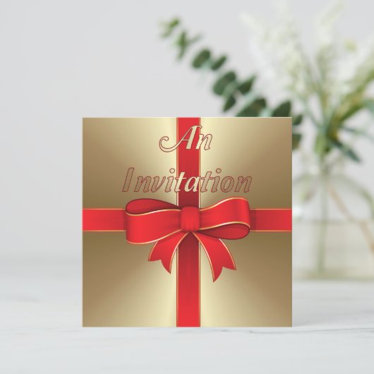 Uitnodiging - Red Bow & Ribbon op Gold (Staand voorkant)
