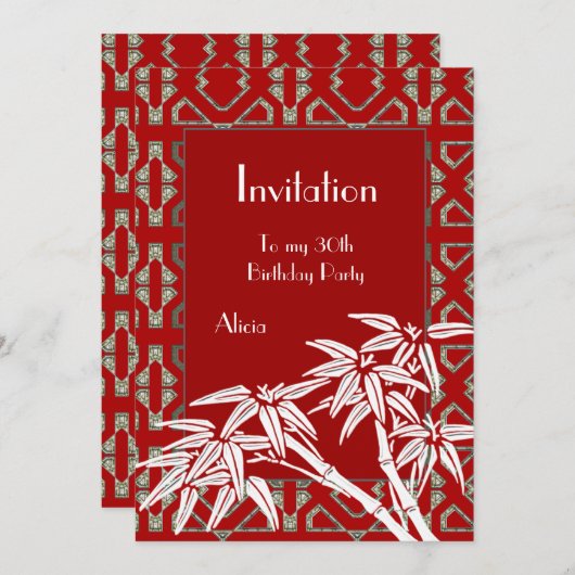 Uitnodiging Red White Asian Bamboo Art Deco (Voorkant / Achterkant)