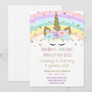 Uitnodiging Regenbogen Eenhoorns Glitters en Goud.