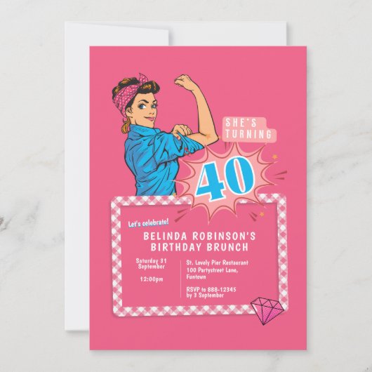 Uitnodiging Retro 40e verjaardag pop art hot pink (Voorkant)