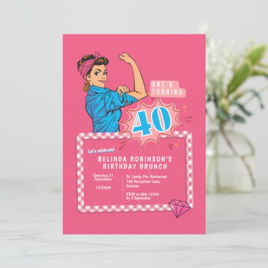 Uitnodiging Retro 40e verjaardag pop art hot pink (Staand voorkant)