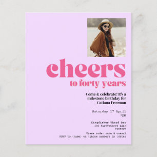 Uitnodiging, Retro Paars & Roze, 40ste verjaardag Flyer